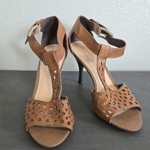 Franco Sarto Tan Folly T-strap Leather Heels Size 10